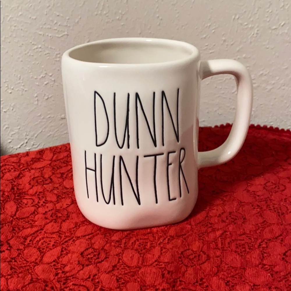 Rae Dunn mug with black “Dunn Hunter” text